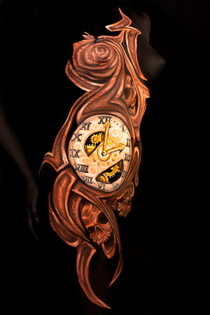 bodypainted wood clock by Wiser
